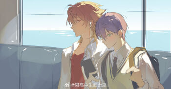 2boys back black_bag blonde_hair blue_sky brown_necktie cellphone character_request chinese_commentary closed_mouth cloud collared_shirt commentary_request copyright_request earbuds earphones expressionless green_eyes hair_between_eyes highres holding holding_phone jacket listening_to_music long_hair long_sleeves looking_at_object looking_to_the_side male_focus mole mole_under_eye multiple_boys nan_gaozhong_sheng_wushi_chu necktie open_clothes open_jacket phone purple_hair red_shirt sharing shirt short_hair sitting sky smartphone train_interior upper_body v-neck vest watermark weibo_watermark white_jacket white_shirt yellow_eyes yellow_vest