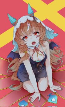 1girl all_fours animal_ears aqua_nails bat_wings blue_dress breasts brown_hair collarbone commentary corrupted_twitter_file dress ear_covers facial_mark fangs full_body heart heart_facial_mark highres horse_ears horse_girl horse_tail looking_at_viewer multicolored_hair open_mouth pink_background red_eyes red_nails reishi_(litvyak) sleeveless sleeveless_dress small_breasts solo still_in_love_(umamusume) streaked_hair symbol-only_commentary tail umamusume veil white_hair wings