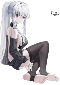 1girl absurdres barefoot blue_archive feet highres kumo_(user_ykxe8585) long_hair looking_at_viewer noa_(blue_archive) ponytail purple_eyes soles stirrup_legwear thighhighs toeless_legwear toes white_hair