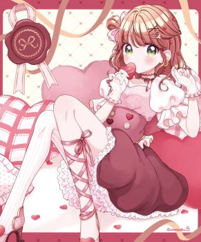 Rule 34 | 1girl, absurdres, ankle lace-up, blush, border, bow, brown hair, collarbone, commentary, feet out of frame, frilled skirt, frilled sleeves, frills, gloves, hair bow, hair ornament, hands up, heart, heart background, heart hair ornament, highres, knees up, kuzumochi (hgnon82), long hair, looking at viewer, one side up, original, outside border, pink bow, pink shirt, pink shoes, red border, red skirt, shirt, shoes, short sleeves, single thighhigh, skirt, solo, striped clothes, striped thighhighs, symbol-only commentary, thighhighs, vertical-striped clothes, vertical-striped thighhighs, white gloves, white thighhighs, x hair ornament