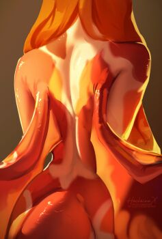 1girl artist_name brown_background colored_skin commentary commission completely_nude dark_skin dragon_girl dragon_tail dragon_wings english_commentary from_behind furry furry_female gradient_background hackainax highres long_hair nude orange_hair original red_skin shiny_skin solo tail white_skin wings