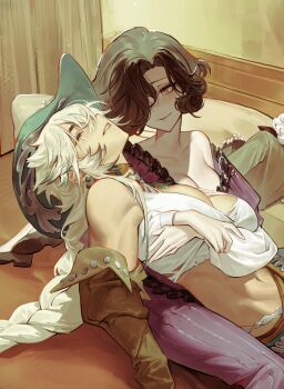 Rule 34 | 3girls, absurdres, argus (reverse:1999), barbara (reverse:1999), black hair, breasts, brown gloves, cleavage, closed eyes, commentary, cowboy hat, crop top, cropped, curtains, dress, english commentary, gloves, green hat, hair between eyes, hair over one eye, hat, highres, hug, indoors, loafers, long hair, lying, multiple girls, nell ro, on bed, purple dress, reverse:1999, shirt, shoes, short hair, sitting, sleeping, smile, socks, tuesday (reverse:1999), white hair, white shirt, white socks, yellow eyes