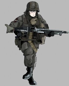 1girl 2026 :/ artist_name black_boots black_eyes black_gloves black_hair boots braid closed_mouth combat_helmet concentrating dot_pupils furrowed_brow gloves grey_background grey_jacket grey_pants gun hair_over_shoulder helmet highres jacket jitome long_sleeves low_twin_braids machine_gun medium_hair mg3 original pants patch running sanpaku schellergheist shoulder_patch simple_background solo twin_braids weapon