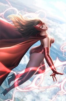 1girl absurdres artist_name ass avengers_(series) back backless_leotard bare_shoulders boots breasts brown_hair cape cloak closed_mouth cloud cloud.d cloudy_sky day dutch_angle elbow_gloves expressionless female_focus floating_hair flying from_above from_behind full_body gloves high_heel_boots high_heels highleg highleg_leotard highres large_breasts leotard lips lipstick long_hair looking_at_viewer looking_back looking_up makeup marvel neck outdoors outstretched_arm pantyhose pink_pantyhose red_boots red_cape red_eyes red_gloves red_leotard red_lips scarlet_witch sky solo straight_hair strapless strapless_leotard thigh_boots thighhighs wanda_maximoff x-men