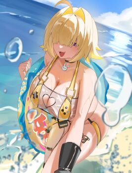 1girl :3 absurdres ahoge black_choker black_gloves blonde_hair breasts choker cleavage colored_inner_hair commentary cowboy_shot elegg_(boom_and_shock)_(nikke) elegg_(nikke) fang gloves goddess_of_victory:_nikke hair_intakes hair_over_eyes highres holding holding_swim_ring innertube large_breasts multicolored_hair musi_x2 ocean open_mouth outdoors purple_eyes revision see-through_slingshot_swimsuit single_glove slingshot_swimsuit solo swim_ring swimsuit yellow_slingshot_swimsuit