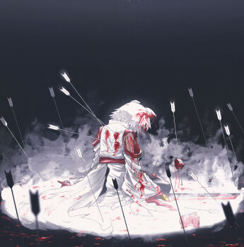 1girl absurdres animal_ears arrow_(projectile) arrow_in_body arrow_in_leg black_skirt bleeding blood commentary cuts detached_sleeves from_behind geta grey_hair hat highres injury inubashiri_momiji no_headwear oubachiago procreate_(medium) red_sandals sandals sitting skirt solo tail tengu-geta tokin_hat torn_clothes torn_sleeves touhou unworn_hat unworn_headwear unworn_sandals white_hair wolf_ears wolf_girl wolf_tail