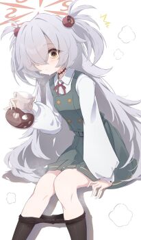 1girl bags_under_eyes black_pantyhose blue_archive brown_halo brown_ribbon closed_mouth clothes_pull diagonal-striped_ribbon dress flask hair_over_one_eye halo highres holding holding_flask invisible_chair kanoe_(blue_archive) long_hair looking_at_viewer md5_mismatch messy_hair pantyhose pantyhose_pull pinafore_dress ribbon ritsu_(ritu_2416) round-bottom_flask scar scar_on_neck shirt simple_background sitting sleeveless sleeveless_dress solo steam surprised sweat two_side_up very_long_hair white_background white_hair white_shirt wide-eyed