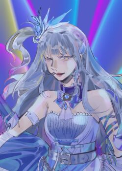 1girl arm_belt arm_ribbon belt belt_buckle black_belt blue_belt blue_bow blue_bowtie blue_choker blue_dress blue_eyes blue_gemstone blue_ribbon bow bow_choker bowtie braid brooch buckle chinese_commentary choker colored_eyelashes commentary_request cowboy_shot dress feather_hair_ornament feathers floating_clothes gem grey_hair hair_ornament hair_ribbon happy headset highres idol infinity_nikki jewelry lipstick long_hair makeup multicolored_eyes multiple_belts nikki_(series) one_eye_closed one_side_up open_mouth pink_lips pleated_dress pointy_nose purple_dress purple_ribbon ribbon sidelocks single_braid smile solo stage stage_lights standing starry_nocturne_(infinity_nikki) strapless strapless_dress studded_belt two-tone_dress two-tone_eyes very_long_hair wavy_hair wing_hair_ornament yellow_eyes yijunren29248