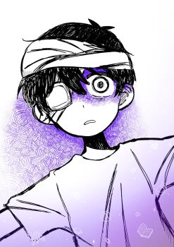 Rule 34 | 1boy, antenna hair, bandaged head, bandages, black hair, commentary request, double-parted bangs, eyepatch, hair between eyes, highres, hospital gown, limited palette, looking at viewer, lying, male focus, medical eyepatch, namara074, omori, on back, parted lips, romaji commentary, short sleeves, solo, spoilers, sunny (hospital gown) (omori), sunny (omori), upper body