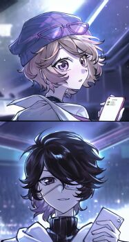 1boy 1girl 8gy2pesjef33878 backlighting beanie blonde_hair brown_eyes brown_hair eyepatch eyewear_on_headwear hair_between_eyes hat highres holding holding_phone hood hoodie identity_v looking_at_viewer luca_balsa luca_balsa_(oph.luca) medical_eyepatch official_alternate_costume pale_skin parted_lips phone portrait purple-framed_eyewear purple_eyes purple_hat short_hair tracy_reznik tracy_reznik_(blk.tracy) turtleneck white_hoodie