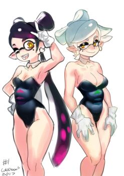 +_+ 2girls absurdres breasts callie_(splatoon) callie_(squid_sisters_outfit)_(splatoon) cleavage colo_(nagrolaz) cousins detached_collar fangs food food_on_head highres inkling large_breasts leotard marie_(splatoon) marie_(squid_sisters_outfit)_(splatoon) mole mole_under_eye multiple_girls nintendo object_on_head pointy_ears short_jumpsuit splatoon_(series) splatoon_1 squid sushi tentacle_hair unitard