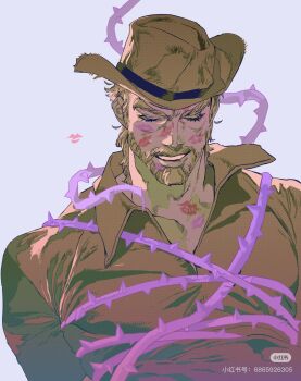 1boy bdsm beard bondage bound facial_hair fedora hat hermit_purple highres jojo_no_kimyou_na_bouken joseph_joestar joseph_joestar_(old) lipstick_mark lipstick_mark_on_face lipstick_mark_on_neck mature_male mgong520 old old_man plant smirk solo stand_(jojo) stardust_crusaders thorns upper_body v-neck vines