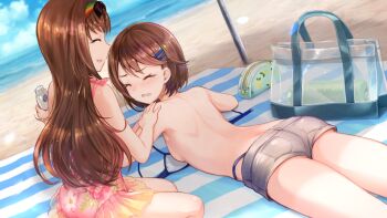 Rule 34 | 2girls, ^ ^, applying sunscreen, beach, bikini, bikini bottom under shorts, bikini under clothes, blue bikini, blue eyes, blush, bottle, breasts, brown hair, closed eyes, dutch angle, floral print one-piece swimsuit, frilled one-piece swimsuit, frills, frown, game cg, grey shorts, hair ornament, hairclip, holding, holding bottle, holding sunscreen, long hair, looking at another, lying, median furrow, multiple girls, non-web source, nose blush, official art, on stomach, one-piece swimsuit, open clothes, open mouth, otori ai, outdoors, parallel hairclips, pink one-piece swimsuit, short hair, shorts, siblings, sisters, small breasts, swimsuit, towel, transparent bag, untied bikini, yanagiya kokoro, yumeutsutsu re:master