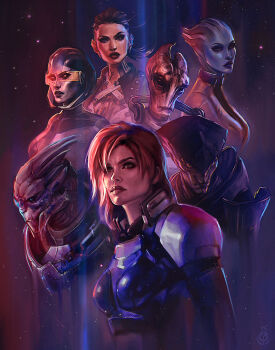 3boys 4girls absurdres alien android armor asari_(mass_effect) black_eyes black_jacket black_sclera blue_eyes blue_jacket blue_lips blue_skin bra breasts brown_eyes brown_hair chest_tattoo colored_sclera colored_skin commander_shepard commander_shepard_(female) commentary criss-cross_halter ear_piercing edi_(mass_effect) english_commentary engrish_commentary eva_kosmos extra_eyes floating_hair frown garrus_vakarian grey_lips halterneck head_tilt highres jack_(mass_effect) jacket javik_(mass_effect) liara_t&#039;soni looking_at_viewer looking_to_the_side looking_up mass_effect_(series) mass_effect_3 medium_breasts medium_hair metal_skin mordin_solus multiple_boys multiple_girls n7_armor neck_tattoo parted_lips piercing prothean red_hair red_lips salarian science_fiction small_breasts solid_eyes tattoo tentacle_hair turian undercut underwear v-shaped_eyebrows white_bra white_jacket yellow_sclera
