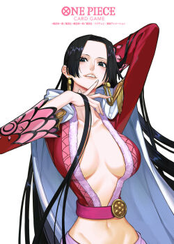 1girl black_hair blue_eyes boa_hancock cape commentary_request copyright_name earrings eyelashes highres hood hooded_cape jewelry long_hair long_sleeves looking_at_viewer navel official_art one_piece one_piece_card_game parted_lips plunging_neckline sidelocks simple_background snake_earrings solo sunohara_(encount) upper_body white_background white_cape
