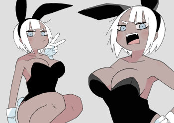 1girl abe_tomomi animal_ear_hairband animal_ears black_skin blue_eyes blush breasts colored_skin fake_animal_ears gloves hairband highres large_breasts open_mouth original playboy_bunny rabbit_ear_hairband rabbit_ears short_hair tan white_gloves white_hair