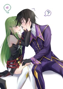 1boy 1girl ? ^_^ absurdres black_gloves black_hair blush budgiepon c.c. closed_eyes code_geass couple detached_sleeves face-to-face gloves gold_trim green_hair hand_on_another's_thigh heart hetero highres imminent_kiss leaning_to_the_side lelouch_vi_britannia long_hair looking_at_another pants purple_eyes purple_pants purple_shirt shirt short_hair sitting spoken_heart spoken_question_mark thighhighs white_thighhighs