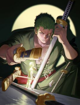 2boys absurdres aged_down bandana bandana_around_arm bara black_bandana closed_mouth coat commentary earrings green_coat green_hair haramaki highres holding holding_sword holding_weapon jennyandloiryan jewelry male_focus mini_person miniboy multiple_boys multiple_views one_eye_closed one_piece red_sash roronoa_zoro sash scar scar_across_eye scar_on_chest scar_on_face short_hair sideburns single_earring spotlight sword time_paradox triple_wielding upper_body weapon