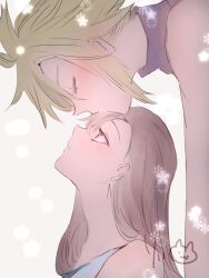 Rule 34 | 1boy, 1girl, blonde hair, blush, brown hair, close-up, closed eyes, cloud strife, colored eyelashes, commentary, couple, drop earrings, earrings, facing another, final fantasy, final fantasy vii, final fantasy vii remake, from side, hetero, highres, jewelry, kiss, kissing forehead, long hair, looking at another, looking up, medium hair, parted lips, profile, red eyes, rin 0101010, signature, simple background, sketch, spiked hair, straight hair, tifa lockhart, tsurime, white background