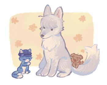 animal animal_focus animalization cat closed_eyes dog doujima_nanako full_body hat highres licking looking_at_another narukami_yu persona persona_4 shirogane_naoto simple_background sitting white_background wolf xikq0py