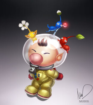 1boy ^_^ artist_name bad_tag big_nose black_eyes blue_pikmin blue_skin brown_hair bud buttons closed_eyes colored_skin company_logo covered_mouth creature_on_head flower full_body gloves gradient_background grey_background helmet hybridmink leaf male_focus nintendo no_mouth olimar patch pikmin_(creature) pikmin_(series) pointy_ears pointy_nose radio_antenna red_gloves red_pikmin red_skin shadow short_hair signature simple_background space_helmet spacesuit triangle_mouth very_short_hair whistle white_flower yellow_pikmin yellow_skin