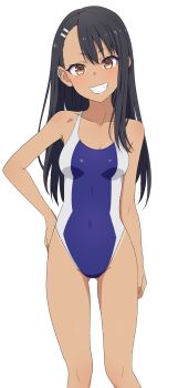 1girl absurdres arm_at_side asymmetrical_bangs black_hair blue_one-piece_swimsuit breasts collarbone competition_swimsuit dark-skinned_female dark_skin earclip grin hair_ornament hairclip hand_on_own_hip head_tilt highres ijiranaide_nagatoro-san long_hair looking_at_viewer medium_breasts na-suke nagatoro_hayase one-piece_swimsuit parallel_hairclips simple_background smile solo standing swimsuit tan tanline two-tone_swimsuit white_background yellow_eyes
