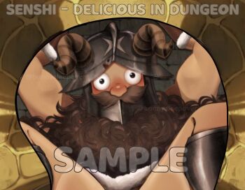 1boy ass_mousepad bara beard blush brown_hair bunnysleepover cropped crotch_mousepad dungeon_meshi dwarf facial_hair fake_horns helmet horned_helmet horns long_beard looking_at_viewer male_focus merchandise_available mousepad_(medium) mustache sample_watermark senshi_(dungeon_meshi) solo spread_legs thick_mustache very_long_beard watermark wide-eyed