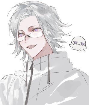 1boy animalization aotsuki_eito chibi chibi_inset glasses grey_hair highres jacket looking_ahead male_focus purple_eyes short_hair simple_background sketch smile solo squid teeth the_hundred_line_-last_defense_academy- upper_body upper_teeth_only white_background white_jacket xinjinjumin396403455568 zipper