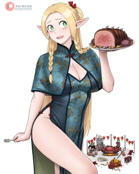 1girl 3boys absurdres alternate_costume armor beard blonde_hair blue_dress braid breasts chilchuck_tims china_dress chinese_clothes cleavage dismaiden dragon_print dress dungeon_meshi dwarf eating elf facial_hair fake_horns food helmet highres holding holding_plate horned_helmet horns laios_touden large_breasts marcille_donato meat multiple_boys multiple_braids patreon_logo patreon_username plate pointy_ears senshi_(dungeon_meshi) side_slit simple_background sitting solo_focus sweatdrop white_background