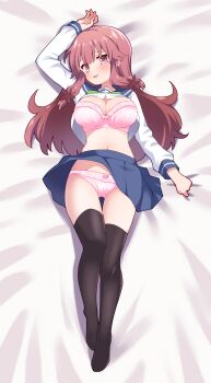 1girl arm_at_side arm_up black_thighhighs blue_skirt blush bow bow_bra bow_panties bowtie bra breasts character_request cleavage clothes_lift commentary commission copyright_request from_above green_bow green_bowtie hair_spread_out highres large_breasts long_hair long_sleeves looking_at_viewer ma_tsukasa navel no_shoes open_mouth panties pink_bra pink_eyes pink_hair pink_panties raised_inner_eyebrows school_uniform serafuku shirt shirt_lift skeb_commission skirt skirt_lift smile solo stomach thighhighs underwear white_shirt