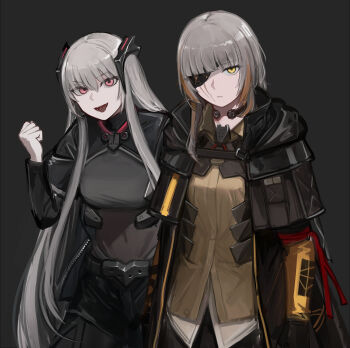 2girls beak_(girls'_frontline) black_background black_coat black_jacket brown_skirt clenched_hand coat dress_shirt expressionless eyepatch girls'_frontline grey_hair hand_up highres jacket long_hair looking_at_viewer m16a1_(girls'_frontline) mole mole_under_eye multicolored_hair multiple_girls odaibako open_clothes open_coat open_jacket open_mouth orange_hair pink_eyes rampart1028 request_inset shirt simple_background skirt smile streaked_hair tongue tongue_out yellow_eyes