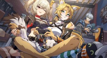 2girls absurdres animal_ears bangboo_(zenless_zone_zero) barefoot black_jacket blonde_hair blush body_fur bupa_chila burnice_white cat_ears cat_girl cat_tail controller fingernails furry furry_female green_eyes highres holding holding_controller jacket multiple_girls playing_games ponytail pulchra_fellini red_eyes sharp_fingernails shirt signature sweatdrop tail toenails toes tongue tongue_out touching_tail twintails white_shirt wise_(zenless_zone_zero) yellow_fur zenless_zone_zero