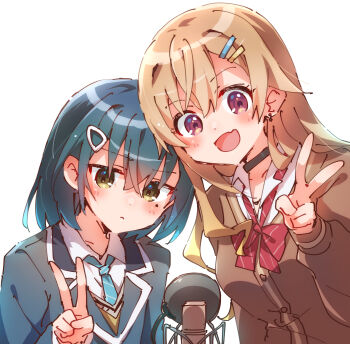 2girls absurdres blue_hair blush brown_hair choker commentary_request hair_ornament hairclip highres long_hair long_sleeves looking_at_viewer microphone mole mole_under_eye multiple_girls necktie nyaa_(nnekoron) open_mouth purple_eyes satou_yumiko school_uniform seiyuu_radio_no_uraomote short_hair smile v watanabe_chika white_background yellow_eyes