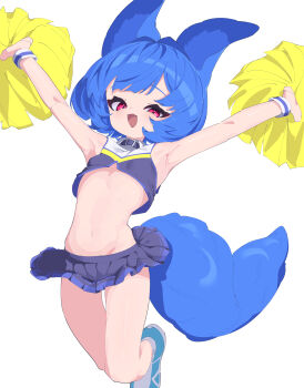 1girl :d absurdres animal_ears armpits arms_up blue_eyes blue_skirt commentary_request fang fox_ears fox_girl fox_tail highres looking_at_viewer midriff miya_(myakuro) myakuro navel open_mouth original pom_pom_(cheerleading) red_eyes simple_background skin_fang skirt smile solo tail