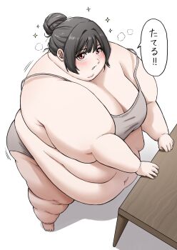 1girl absurdres bare_shoulders barefoot belly big_belly black_hair blush breasts cleavage desk double_chin fat fat_rolls fat_woman from_above full_body grey_panties grey_sports_bra hair_bun highres large_breasts looking_at_viewer looking_to_the_side motion_lines navel obese open_mouth original panties red_eyes rin_noheki short_hair simple_background single_hair_bun solo sparkle speech_bubble sports_bra standing steam talking thick_arms thick_neck thick_thighs thighs underwear white_background