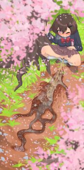 1girl bar_censor black_jacket blue_panties blush bow bowtie breast_pocket breasts brown_hair brown_shoes brown_skirt censored cherry_blossoms clothes_lift flower forest from_above grass hair_ornament hairclip houndstooth jacket large_breasts long_sleeves looking_up nature one_eye_closed open_mouth original panties panty_pull pebble peeing petals pink_eyes pocket puddle red_bow red_bowtie red_flower relief ribbon school_uniform shirt shoes short_hair skirt skirt_lift socks spread_legs spring_(season) squatting steam tears tree underwear white_ribbon white_shirt white_socks youkaaaaaaa
