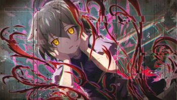 1girl blue_vest crazy dutch_angle feet_out_of_frame game_cg glitch grey_hair grey_sky hair_between_eyes hands_on_own_cheeks hands_on_own_face highres higurashi_no_naku_koro_ni higurashi_no_naku_koro_ni_mei hood hood_down kimiyoshi_kazuho looking_down non-web_source official_art open_mouth outdoors shirt short_hair short_sleeves shrine sitting sky solo torii vest wariza white_shirt yellow_eyes