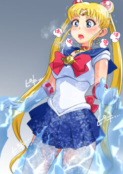 1girl bishoujo_senshi_sailor_moon blonde_hair blue_eyes blue_skirt blush bow breasts chest_bow choker crescent_choker elbow_gloves frozen gloves hair_bun heavy_breathing highres ice japanese_text magical_girl miniskirt open_mouth pleated_skirt sailor_collar sailor_moon skirt sound_effects thighs tsukino_usagi twintails