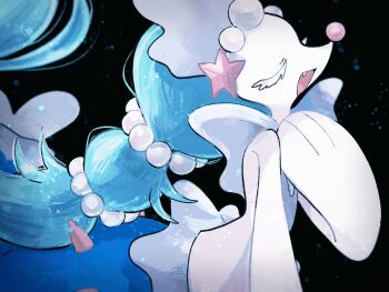 1girl :d bad_tag black_background blue_hair closed_eyes colored_eyelashes fang furry furry_female gem gen_7_pokemon hair_ornament long_hair looking_to_the_side mermaid monster_girl multi-tied_hair music nintendo open_mouth pearl_(gemstone) pearl_hair_ornament pokemon pokemon_(creature) primarina sea_lion simple_background singing smile snout solo sstoh starfish_hair_ornament upper_body