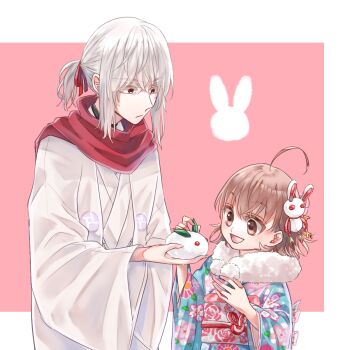 1boy 1girl accelerator_(toaru_majutsu_no_index) age_difference ahoge albino androgynous black_choker blue_kimono border child choker closed_mouth colored_eyelashes floral_print fur_scarf hair_ornament haori highres japanese_clothes kimono last_order_(toaru_majutsu_no_index) light_frown long_sleeves looking_at_object low_ponytail medium_hair official_alternate_costume open_mouth pale_skin ponytail print_kimono print_sash rabbit_hair_ornament red_background red_eyes red_scarf reimei_(1988) sanpaku sash scarf sidelocks smile snow_rabbit standing toaru_majutsu_no_index upper_body white_border white_hair white_kimono white_scarf wide_sleeves