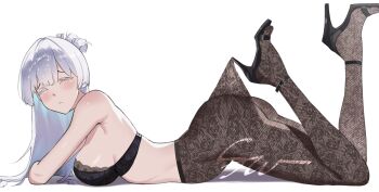 1girl alternate_costume ankle_strap bare_arms bare_shoulders black_bra black_shoes blush bra breasts brown_pantyhose closed_mouth commentary english_commentary floral_print_pantyhose full_body goddess_of_victory:_nikke highres huge_breasts lace lace_pantyhose lace_pantyhose_hooked_on_heel_(meme) legs legs_up long_hair lying meme mixed-language_commentary nayuta_(nikke) on_stomach open_mouth pantyhose pantyhose_tug shoes signature signwolf simple_background the_pose thighs underwear white_background white_hair