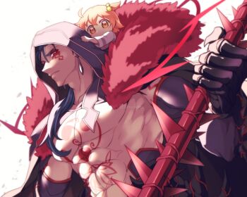 Rule 34 | 0nodera, 1boy, abs, ahoge, bare pectorals, chibi, closed mouth, commentary request, cu chulainn (fate), cu chulainn alter (fate), detached sleeves, earrings, facial mark, fate/grand order, fate (series), fujimaru ritsuka (female), fur trim, hair bobbles, hair ornament, holding, holding polearm, holding weapon, hood, hood up, jewelry, male focus, one side up, orange eyes, orange hair, pectorals, polearm, weapon, white background