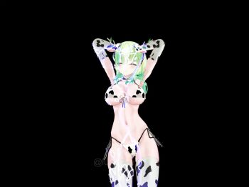 1girl animal_ears animal_print animated bikini black_background breasts bridal_gauntlets ceres_fauna choker closed_eyes closed_mouth cow_ears cow_print cow_print_bikini dancing green_hair hololive hololive_english horns large_breasts luke_the_tako me!me!me!_dance_(meme) navel print_bikini smile sound swimsuit tagme thighhighs thighs video virtual_youtuber