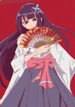 Rule 34 | 1girl, black hakama, blue bow, bow, closed mouth, commentary request, cowboy shot, folding fan, hair bow, hakama, hakama skirt, hand fan, highres, holding, holding fan, ikizulive! love live! bluebird, japanese clothes, kimono, komagata hanabi, long hair, looking at viewer, love high school uniform, love live!, purple hair, red background, rindaypdx, school uniform, sidelocks, simple background, skirt, smile, solo, split mouth, v-shaped eyebrows, white kimono