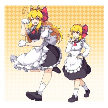 Rule 34 | 2girls, absurdres, animal ears, apron, ascot, black vest, blonde hair, blush, bow, cat ears, dress, embodiment of scarlet devil, ex-rumia, fang, gloves, hair bow, hair ribbon, highres, long sleeves, maid, maid apron, multiple girls, neferkitty, open mouth, osana reimu, red ascot, red eyes, red ribbon, ribbon, rumia, shirt, short hair, skirt, smile, touhou, vest, white shirt
