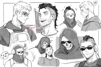 2boys bulletproof_vest call_of_duty call_of_duty:_modern_warfare_2 closed_mouth dreaming_oor facial_hair facial_scar ghost_(modern_warfare_2) greyscale headphones highres looking_at_another male_focus mask monochrome multiple_boys multiple_views open_mouth scar scar_on_cheek scar_on_face scar_on_mouth scar_on_nose shirt short_hair skull_mask smile soap_(modern_warfare_2) sunglasses twitter_username yaoi