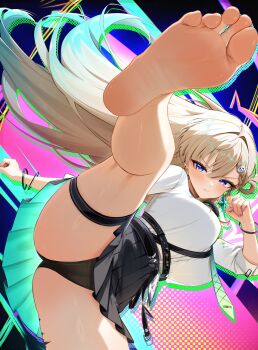 1girl barefoot black_panties black_skirt blonde_hair breasts closed_mouth colorful_background commentary_request earrings feet fingernails foot_focus green_necktie hair_intakes hair_ornament hand_up high-waist_skirt highres id_card jewelry leg_up light_blush looking_at_viewer lynae_(wuthering_waves) medium_breasts nail_polish necktie paid_reward_available panties partial_commentary purple_eyes purple_nails radoremo shirt skirt skull_hair_ornament solo star_(symbol) star_earrings thigh_strap thighs toe_seam toes underwear white_shirt wuthering_waves