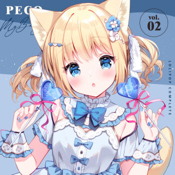 1girl :o animal_ears blonde_hair blue_background blue_bow blue_bowtie blue_dress blue_eyes blush bow bowtie candy cat_ears cat_girl cat_tail commentary_request dress food frilled_sleeves frills hair_ribbon heart heart-shaped_food heart-shaped_lollipop holding holding_candy holding_food holding_lollipop irori lollipop looking_at_viewer open_mouth original ribbon shaped_lollipop short_hair short_sleeves solo tail twintails upper_body white_ribbon wrist_cuffs