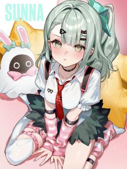 1girl :t arm_warmers bandaid bandaid_hair_ornament bangboo_(zenless_zone_zero) black_skirt blush closed_mouth green_eyes green_hair hair_ornament highres leg_warmers long_hair looking_at_viewer multicolored_leg_warmers multiple_hair_clips multiple_thigh_straps nail_polish necktie pink_arm_warmers pink_leg_warmers pout red_necktie shirt short_sleeves side_ponytail sitting skirt smilesmile1312 solo striped_arm_warmers striped_leg_warmers sunna_(zenless_zone_zero) thigh_strap two-tone_leg_warmers v-shaped_eyebrows v_arms wariza white_shirt y2k_fashion zenless_zone_zero