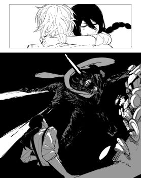 absurdres barem_bridge black_hair blood bloody_weapon braid braided_ponytail chainsaw chainsaw_devil chainsaw_man dark_background demon_horns denji_(chainsaw_man) detached_sleeves dress_shirt greyscale heartbreak_juan highres horns hug intestine_clothing light_blush monochrome nayuta_(chainsaw_man) pants plate sharp_teeth shirt short_hair smile teeth weapon